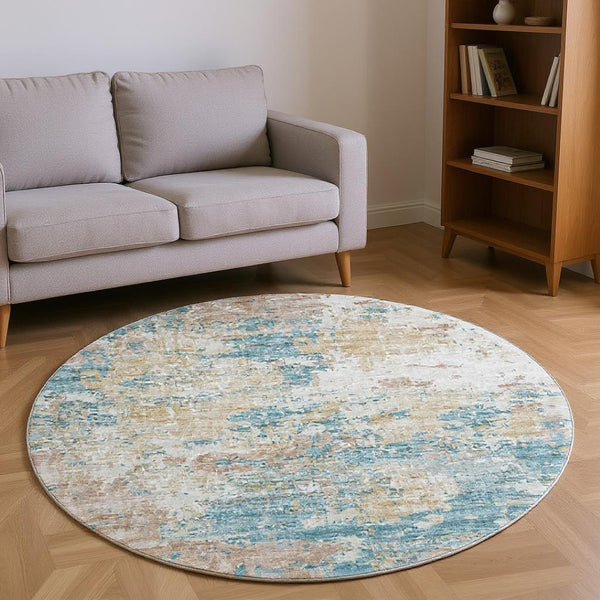 HomeRoots 8' Teal Blue Ivory & Copper Abstract Round Rug - Washable, UV Protected, Stain Resistant, Modern Design 643728