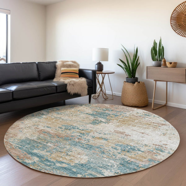 HomeRoots 8' Teal Blue Ivory & Copper Abstract Round Rug - Washable, UV Protected, Stain Resistant, Modern Design 643728