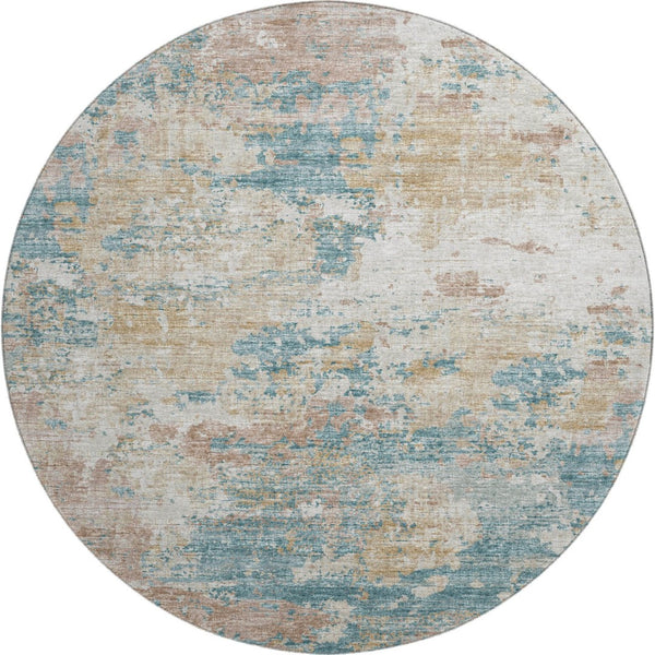HomeRoots 8' Teal Blue Ivory & Copper Abstract Round Rug - Washable, UV Protected, Stain Resistant, Modern Design 643728
