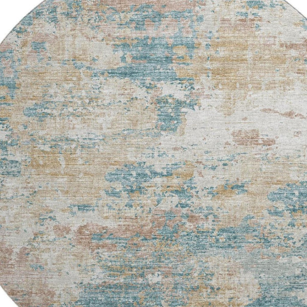 HomeRoots 8' Teal Blue Ivory & Copper Abstract Round Rug - Washable, UV Protected, Stain Resistant, Modern Design 643728