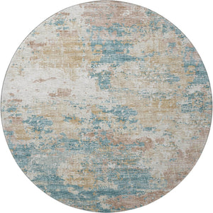 HomeRoots 8' Teal Blue Ivory & Copper Abstract Round Rug - Washable, UV Protected, Stain Resistant, Modern Design 643728
