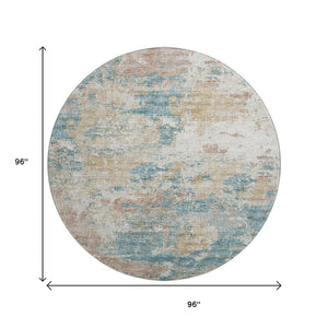 HomeRoots 8' Teal Blue Ivory & Copper Abstract Round Rug - Washable, UV Protected, Stain Resistant, Modern Design 643728