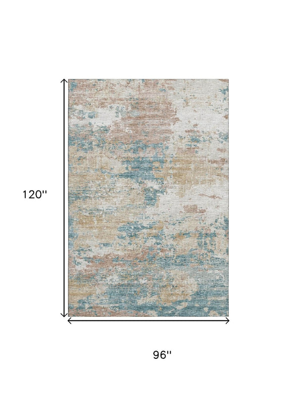 HomeRoots 8' X 10' Teal Blue Ivory Copper Abstract Area Rug - Durable, Washable, Pet-Friendly & UV Protected! 643729