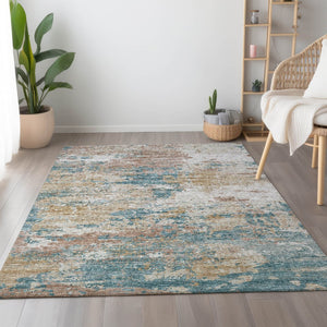 HomeRoots 9' X 12' Teal Blue Ivory Copper Abstract Washable Area Rug - UV Protection & Stain Resistant Design 643730