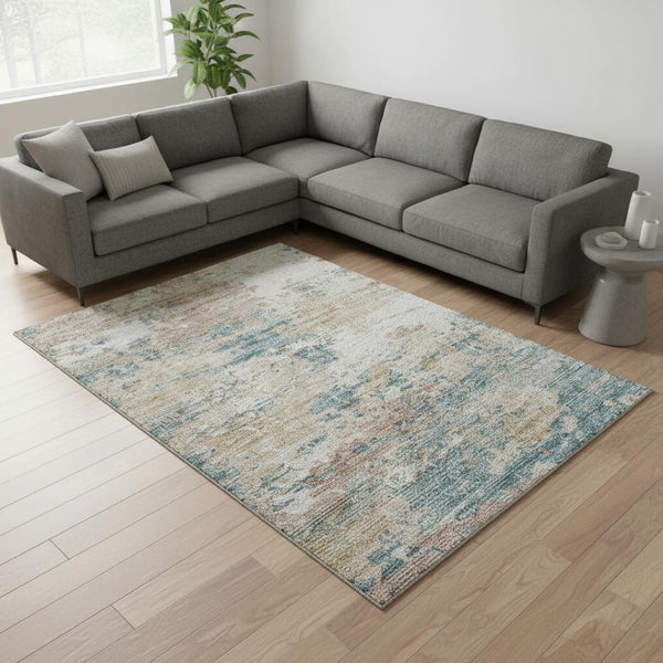 HomeRoots 9' X 12' Teal Blue Ivory Copper Abstract Washable Area Rug - UV Protection & Stain Resistant Design 643730