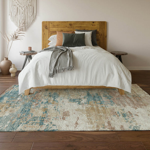 HomeRoots 9' X 12' Teal Blue Ivory Copper Abstract Washable Area Rug - UV Protection & Stain Resistant Design 643730