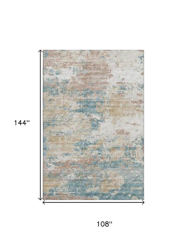 HomeRoots 9' X 12' Teal Blue Ivory Copper Abstract Washable Area Rug - UV Protection & Stain Resistant Design 643730