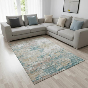 HomeRoots 10' X 14' Teal Blue Ivory Copper Abstract Rug - Washable, UV Protected, Perfect for High-Traffic Areas! 643731