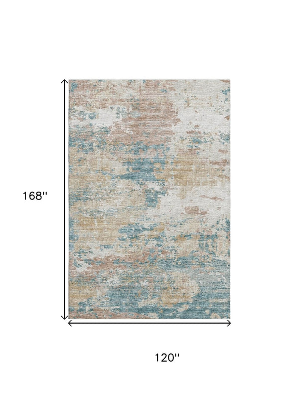 HomeRoots 10' X 14' Teal Blue Ivory Copper Abstract Rug - Washable, UV Protected, Perfect for High-Traffic Areas! 643731