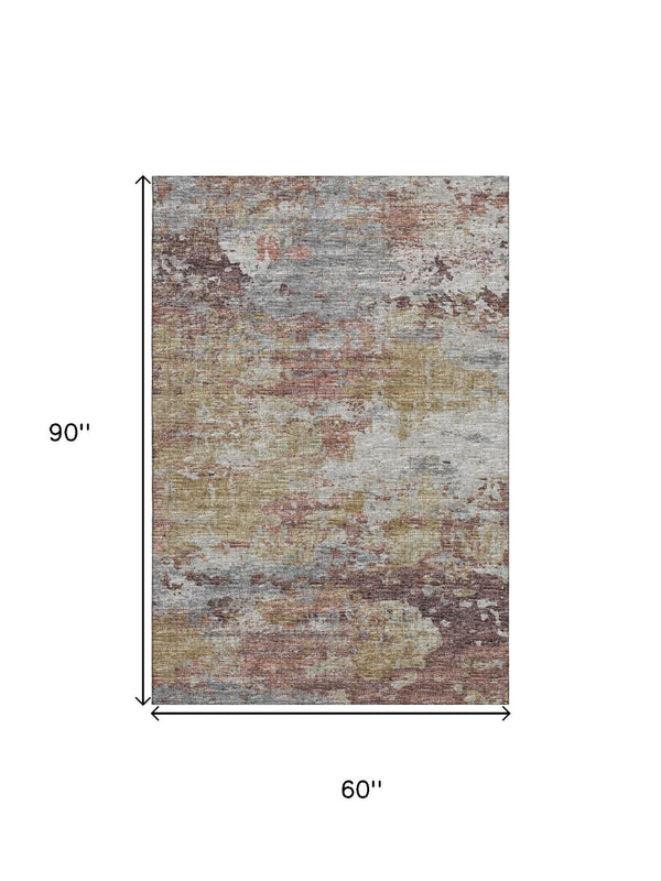 HomeRoots 5' X 8' Stylish Silver Mauve and Gold Abstract Area Rug with UV Protection - Washable & Durable Design 643733