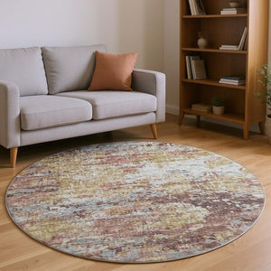 HomeRoots 8' Silver Mauve and Gold Abstract Round Rug – Washable, UV-Protected, Ideal for High-Traffic Areas 643734