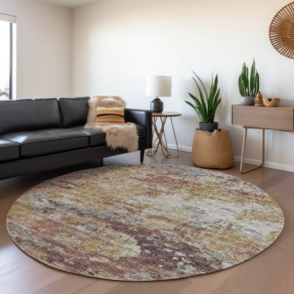 HomeRoots 8' Silver Mauve and Gold Abstract Round Rug – Washable, UV-Protected, Ideal for High-Traffic Areas 643734