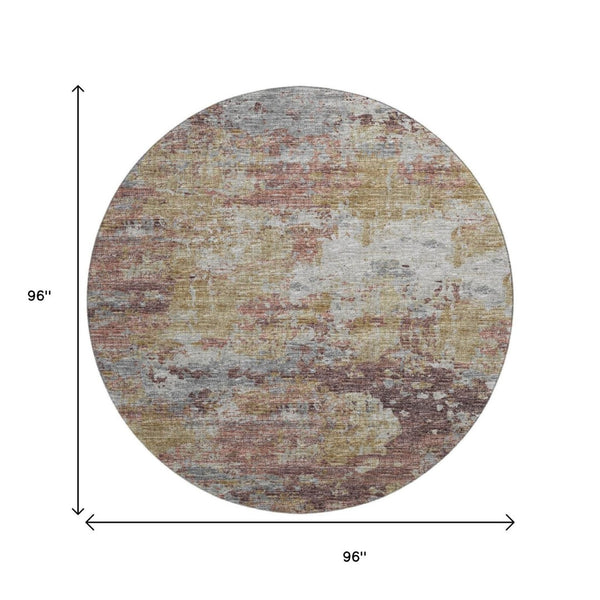 HomeRoots 8' Silver Mauve and Gold Abstract Round Rug – Washable, UV-Protected, Ideal for High-Traffic Areas 643734