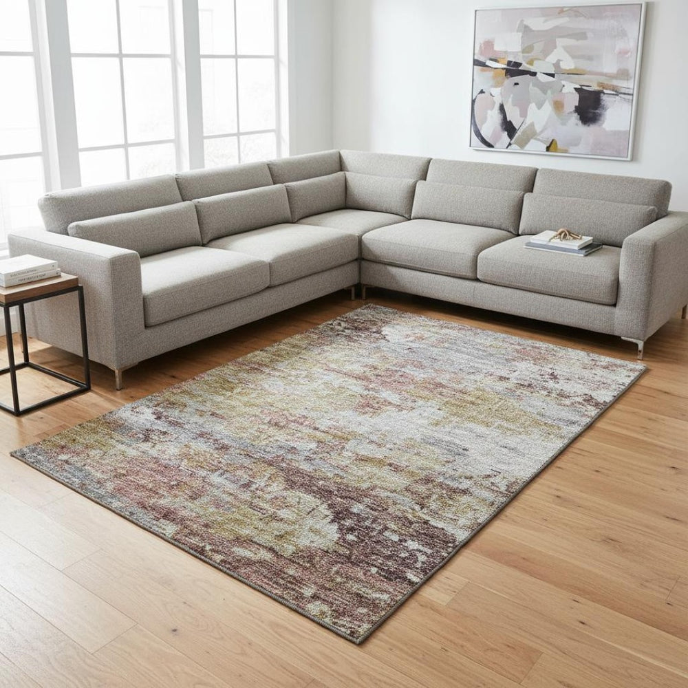 HomeRoots 9' X 12' Stylish Silver Mauve Gold Abstract Washable Area Rug with UV Protection for High Traffic Spaces 643736