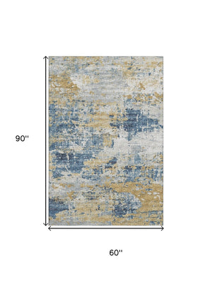 HomeRoots 5' X 8' Blue Ivory Gold Abstract Washable Area Rug - Durable, Stain-Resistant, Stylish Home Accent 643739