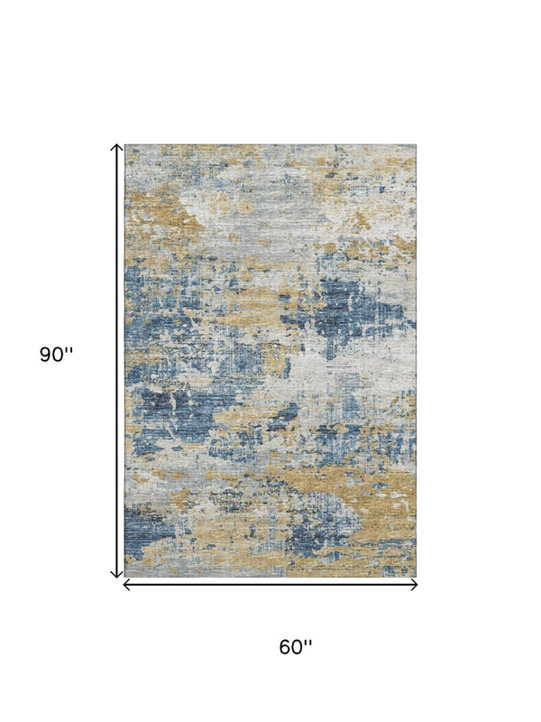 HomeRoots 5' X 8' Blue Ivory Gold Abstract Washable Area Rug - Durable, Stain-Resistant, Stylish Home Accent 643739
