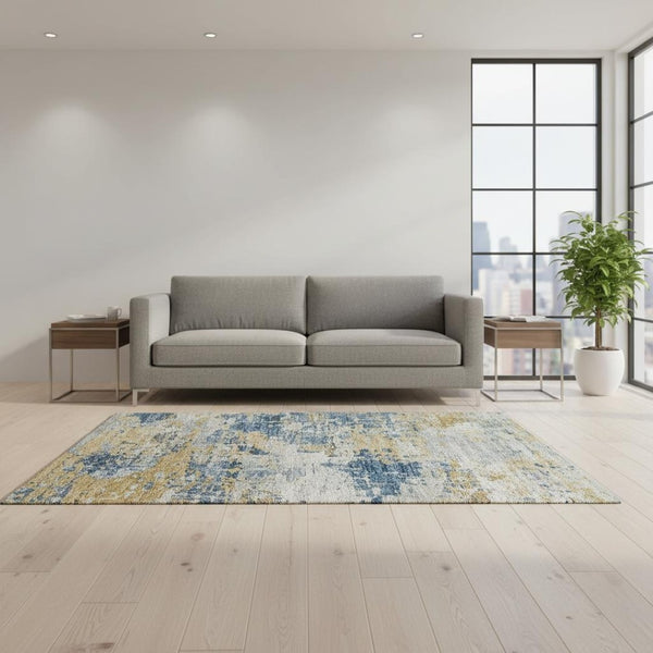 HomeRoots 5' X 8' Blue Ivory Gold Abstract Washable Area Rug - Durable, Stain-Resistant, Stylish Home Accent 643739