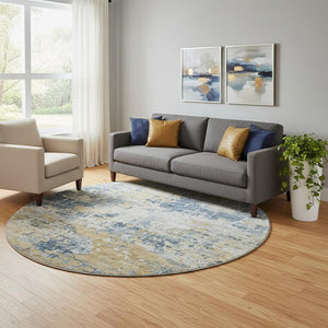 HomeRoots 8' Blue Ivory and Gold Abstract Round Rug – Washable, UV Protected, Stylish, and Durable Floor Covering 643740