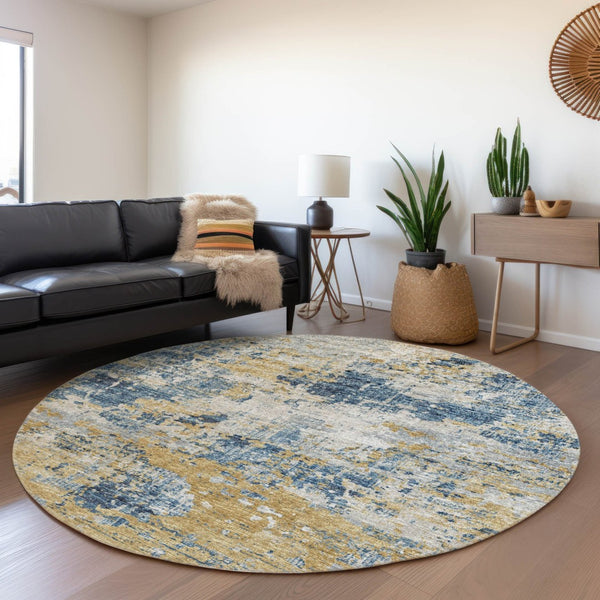 HomeRoots 8' Blue Ivory and Gold Abstract Round Rug – Washable, UV Protected, Stylish, and Durable Floor Covering 643740