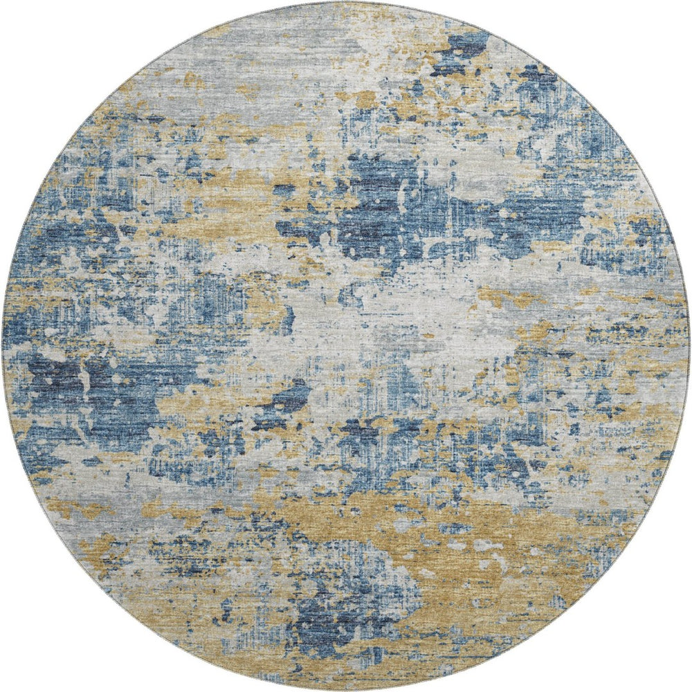 HomeRoots 8' Blue Ivory and Gold Abstract Round Rug – Washable, UV Protected, Stylish, and Durable Floor Covering 643740