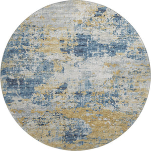 HomeRoots 8' Blue Ivory and Gold Abstract Round Rug – Washable, UV Protected, Stylish, and Durable Floor Covering 643740