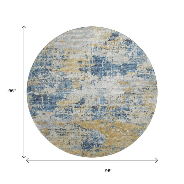 HomeRoots 8' Blue Ivory and Gold Abstract Round Rug – Washable, UV Protected, Stylish, and Durable Floor Covering 643740