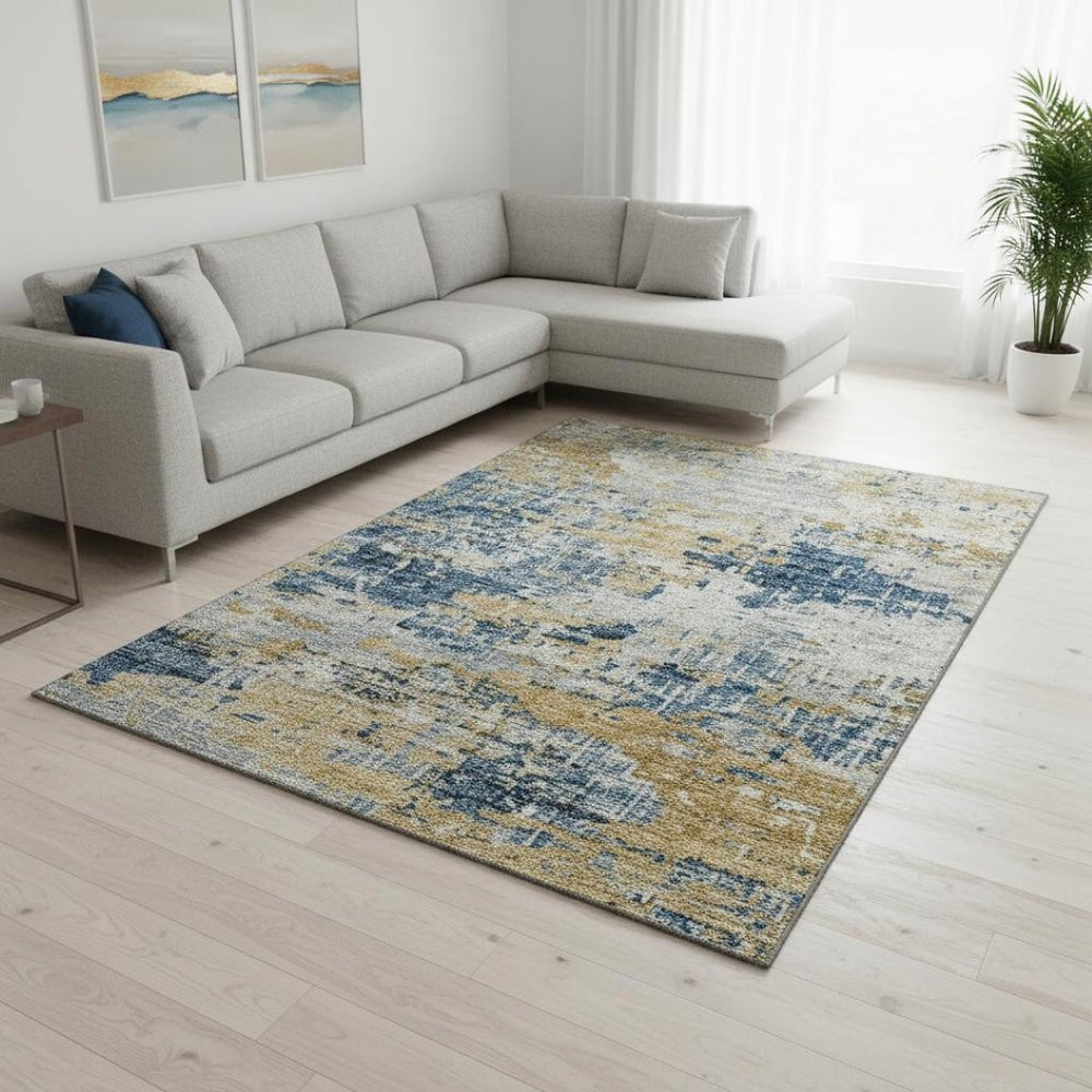 HomeRoots 8' X 10' Blue Ivory Gold Abstract Area Rug - Washable, UV Protected, Durable & Stylish for Homes 643741
