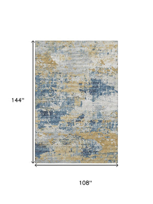 HomeRoots 9' X 12' Blue, Ivory & Gold Abstract Washable Area Rug - UV Protected, Durable & Stylish Design! 643742