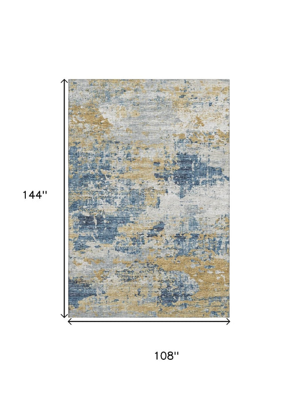 HomeRoots 9' X 12' Blue, Ivory & Gold Abstract Washable Area Rug - UV Protected, Durable & Stylish Design! 643742
