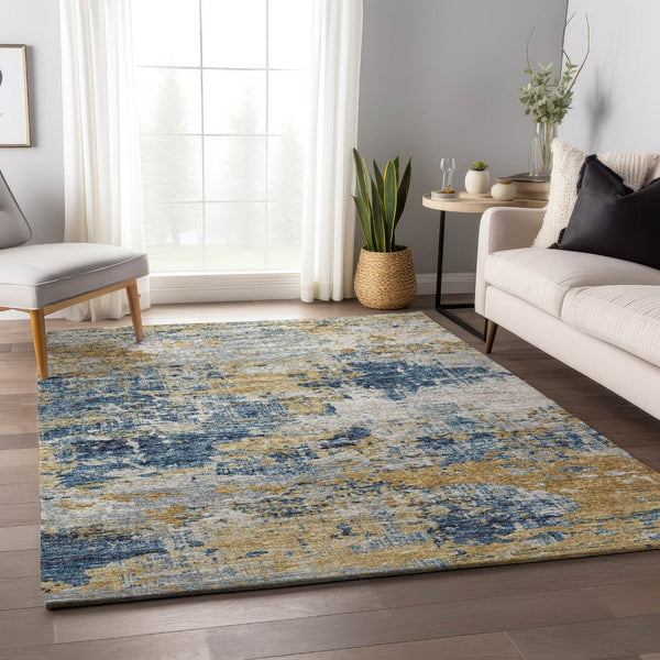 HomeRoots 9' X 12' Blue, Ivory & Gold Abstract Washable Area Rug - UV Protected, Durable & Stylish Design! 643742