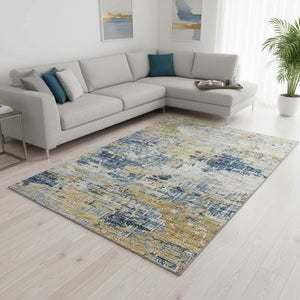 HomeRoots 9' X 12' Blue, Ivory & Gold Abstract Washable Area Rug - UV Protected, Durable & Stylish Design! 643742