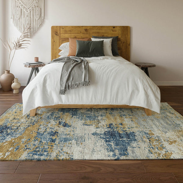 HomeRoots 9' X 12' Blue, Ivory & Gold Abstract Washable Area Rug - UV Protected, Durable & Stylish Design! 643742
