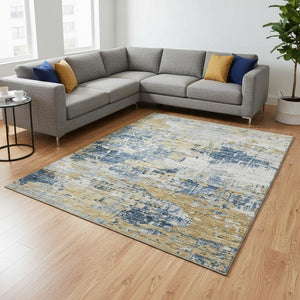 HomeRoots 10' Blue Ivory Gold Abstract Area Rug - Washable, UV-Protected, Durable Design for High-Traffic Spaces 643743
