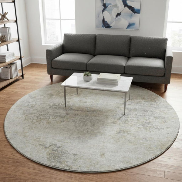HomeRoots 8' Ivory and Beige Abstract Washable Round Rug - UV Protection, Stain Resistant, Ideal for Families 643746