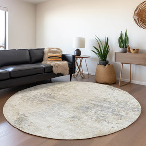 HomeRoots 8' Ivory and Beige Abstract Washable Round Rug - UV Protection, Stain Resistant, Ideal for Families 643746