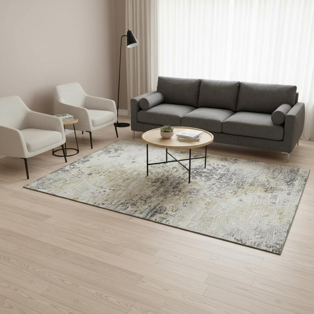 HomeRoots 5' X 8' Abstract Midnight Ivory and Beige Area Rug – Washable, Stain-Resistant, UV Protected Design! 643757