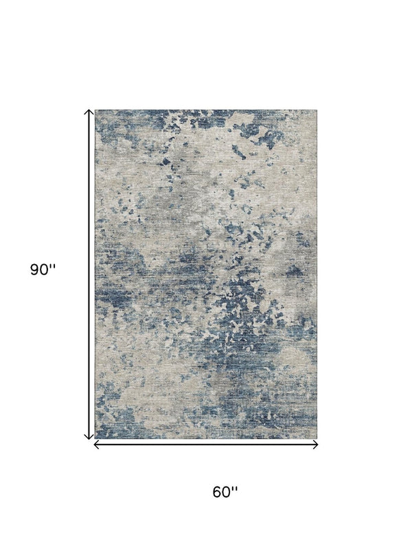 HomeRoots 5' X 8' Blue and Ivory Abstract Area Rug - Washable, Stain Resistant, UV Protected for Modern Homes 643763