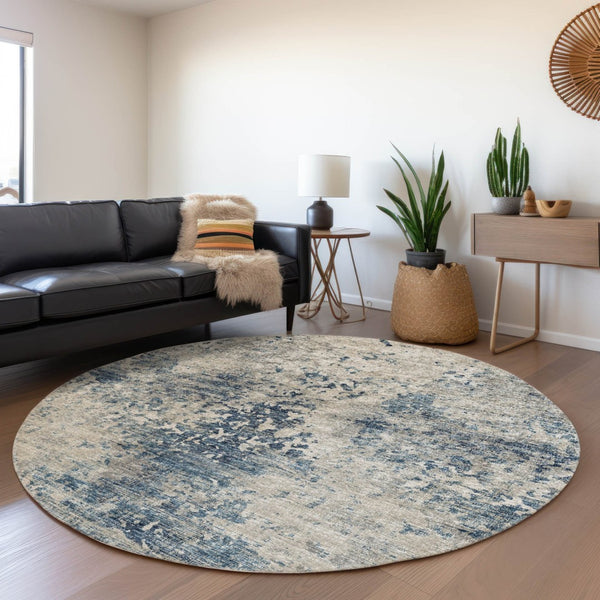 HomeRoots 8' Blue and Ivory Abstract Round Rug - Washable, UV Protected, Durable Design for Busy Homes 643764