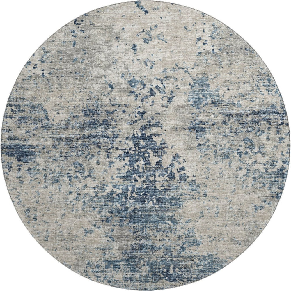HomeRoots 8' Blue and Ivory Abstract Round Rug - Washable, UV Protected, Durable Design for Busy Homes 643764