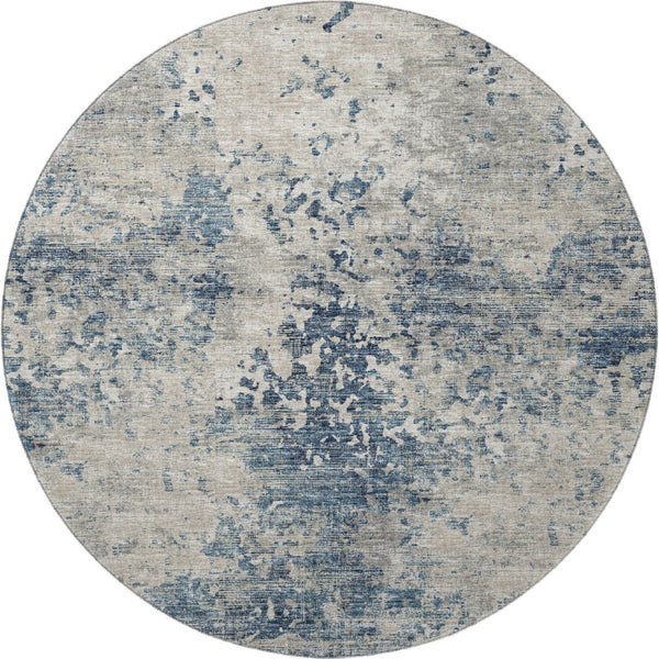 HomeRoots 8' Blue and Ivory Abstract Round Rug - Washable, UV Protected, Durable Design for Busy Homes 643764