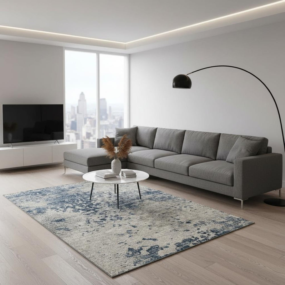 HomeRoots 8' X 10' Blue And Ivory Abstract Washable Area Rug - Durable, UV-Resistant, Stylish & Family-Friendly! 643765