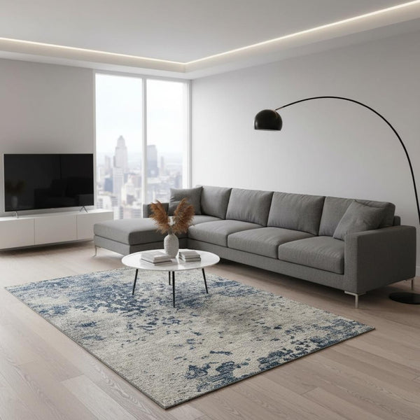 HomeRoots 8' X 10' Blue And Ivory Abstract Washable Area Rug - Durable, UV-Resistant, Stylish & Family-Friendly! 643765