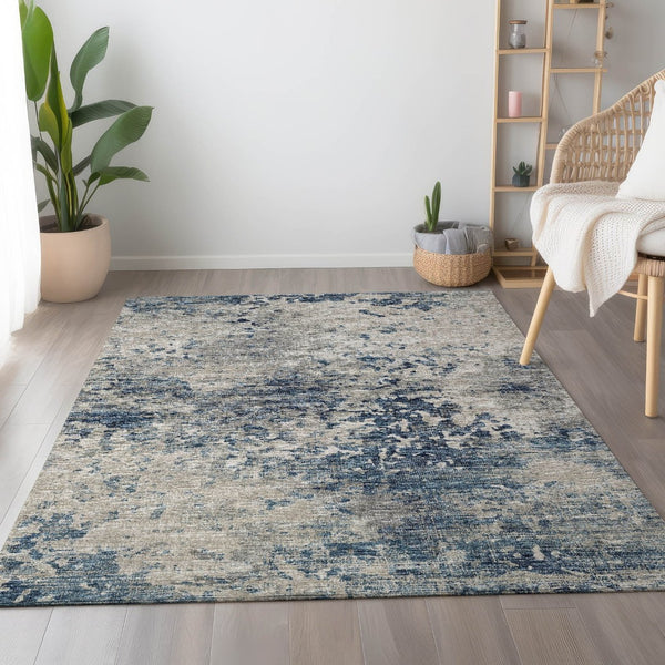 HomeRoots 8' X 10' Blue And Ivory Abstract Washable Area Rug - Durable, UV-Resistant, Stylish & Family-Friendly! 643765