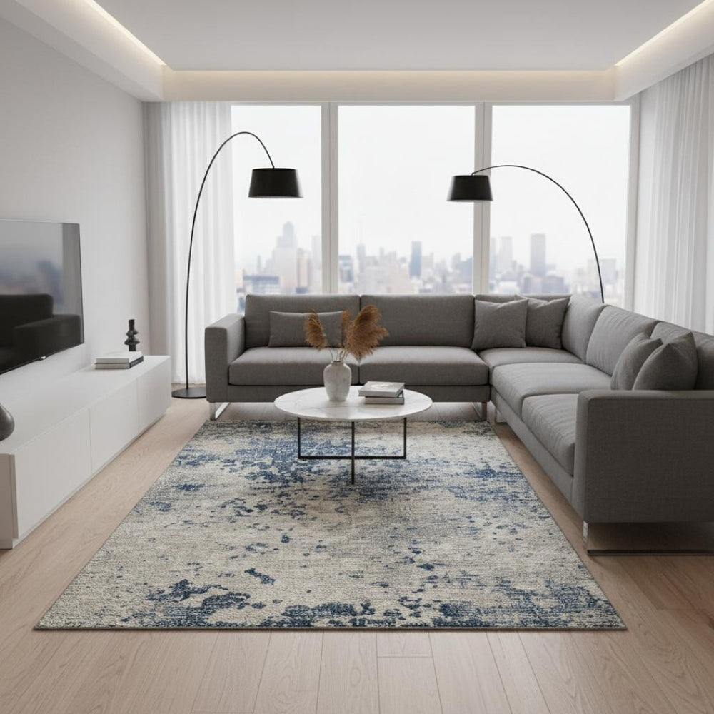 HomeRoots 9' X 12' Blue And Ivory Abstract Area Rug - Washable, UV Protected, Stylish for High-Traffic Spaces 643766
