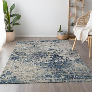 HomeRoots 10' X 14' Blue and Ivory Abstract Area Rug - Washable, UV Protected, Perfect for High-Traffic Spaces! 643767