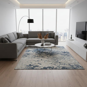 HomeRoots 10' X 14' Blue and Ivory Abstract Area Rug - Washable, UV Protected, Perfect for High-Traffic Spaces! 643767