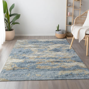 HomeRoots 5' X 8' Abstract Area Rug in Blue, Silver & Gold - Washable, UV-Protected, Stain-Resistant Design 643769