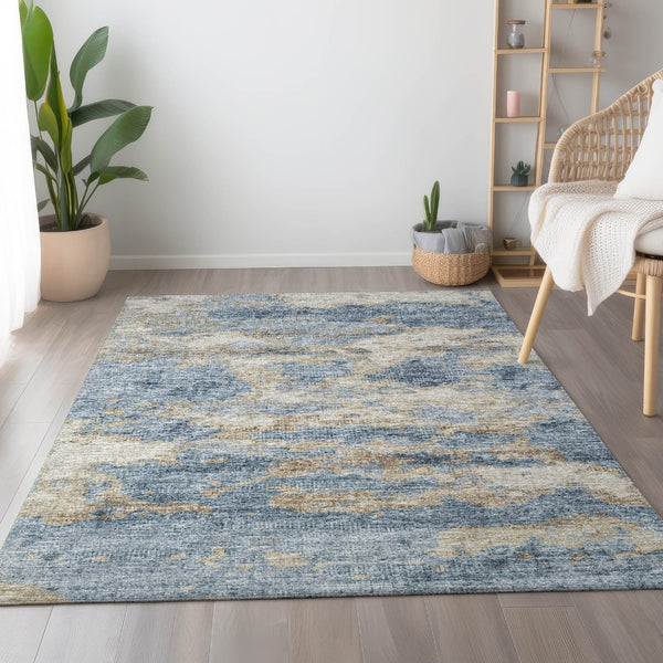 HomeRoots 5' X 8' Abstract Area Rug in Blue, Silver & Gold - Washable, UV-Protected, Stain-Resistant Design 643769