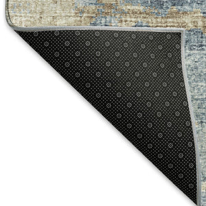 HomeRoots 5' X 8' Abstract Area Rug in Blue, Silver & Gold - Washable, UV-Protected, Stain-Resistant Design 643769