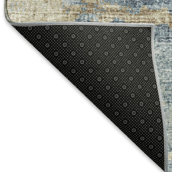 HomeRoots 5' X 8' Abstract Area Rug in Blue, Silver & Gold - Washable, UV-Protected, Stain-Resistant Design 643769